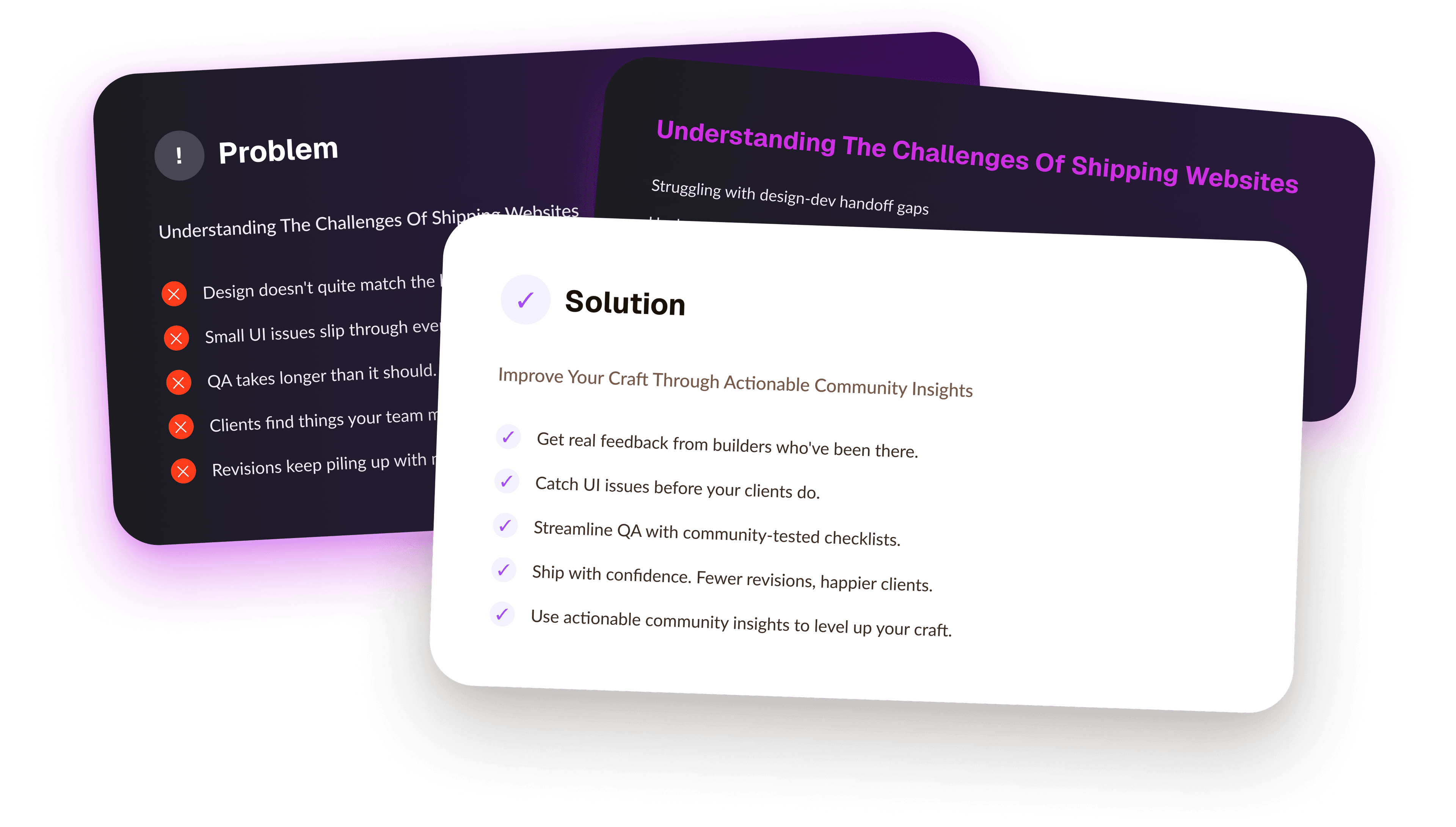 A card listing the problems builders run into shipping websites, layered behind a card showing how the Whoogy Builders community solves them
