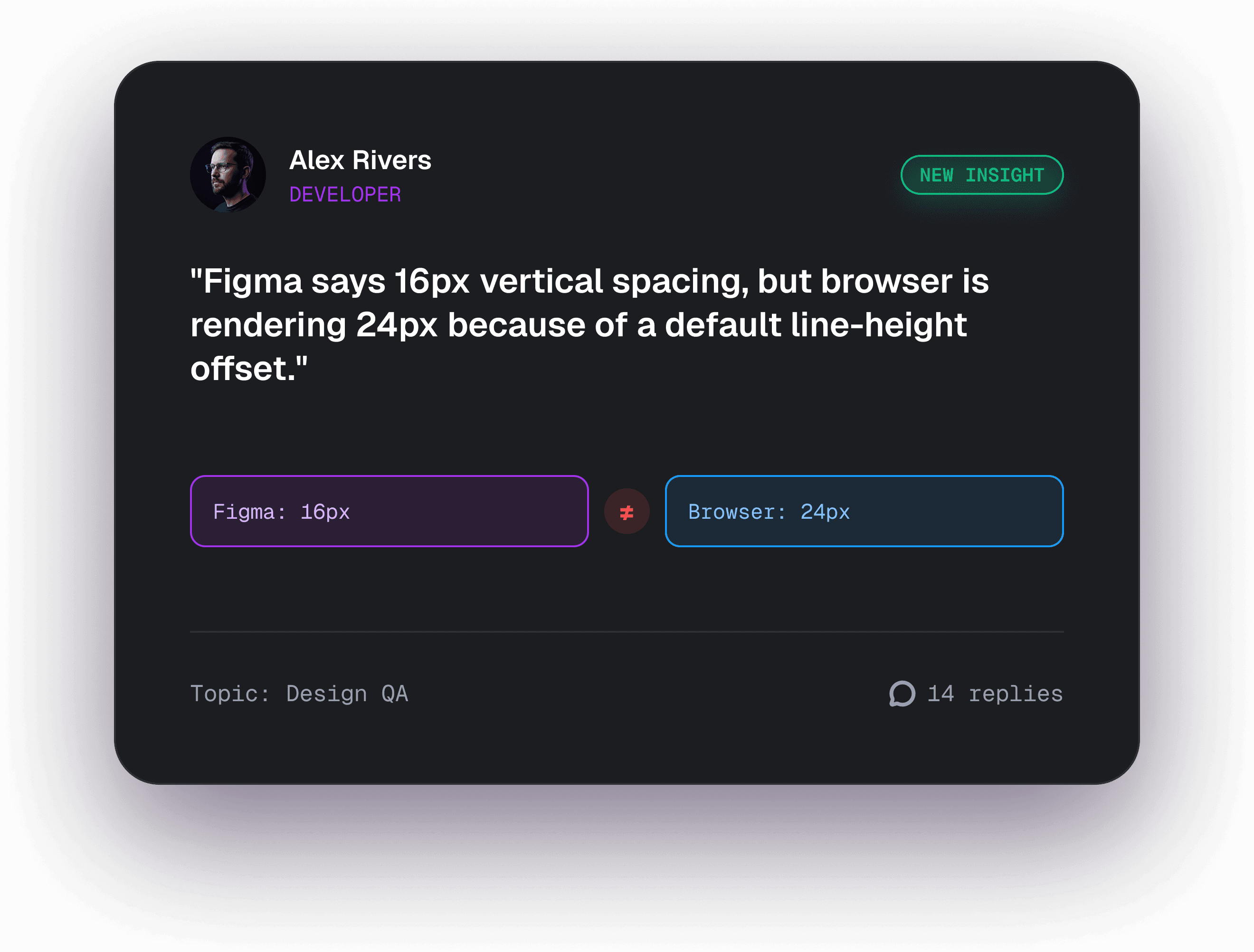 A Whoogy Builders discussion: a Figma-to-browser spacing mismatch, flagged and resolved by the community